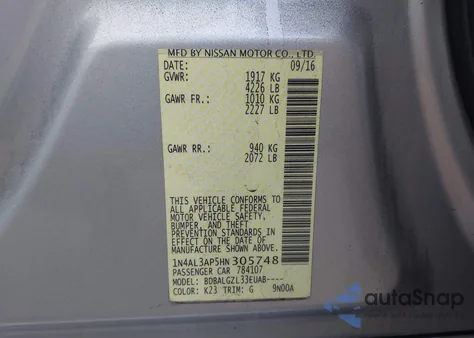 2017 Nissan Altima 2.5/2.5 S/2.5 Sl/2.5 Sr/2.5 Sv z USA, uszkodzony, nr VIN 1N4AL3AP5HN305748